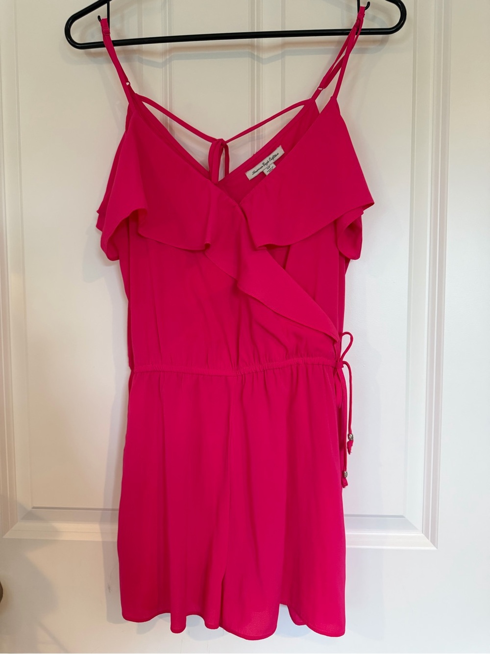 American Eagle Outfitters Hot Pink Ruffle-Trim Spaghetti Strap Mini romper